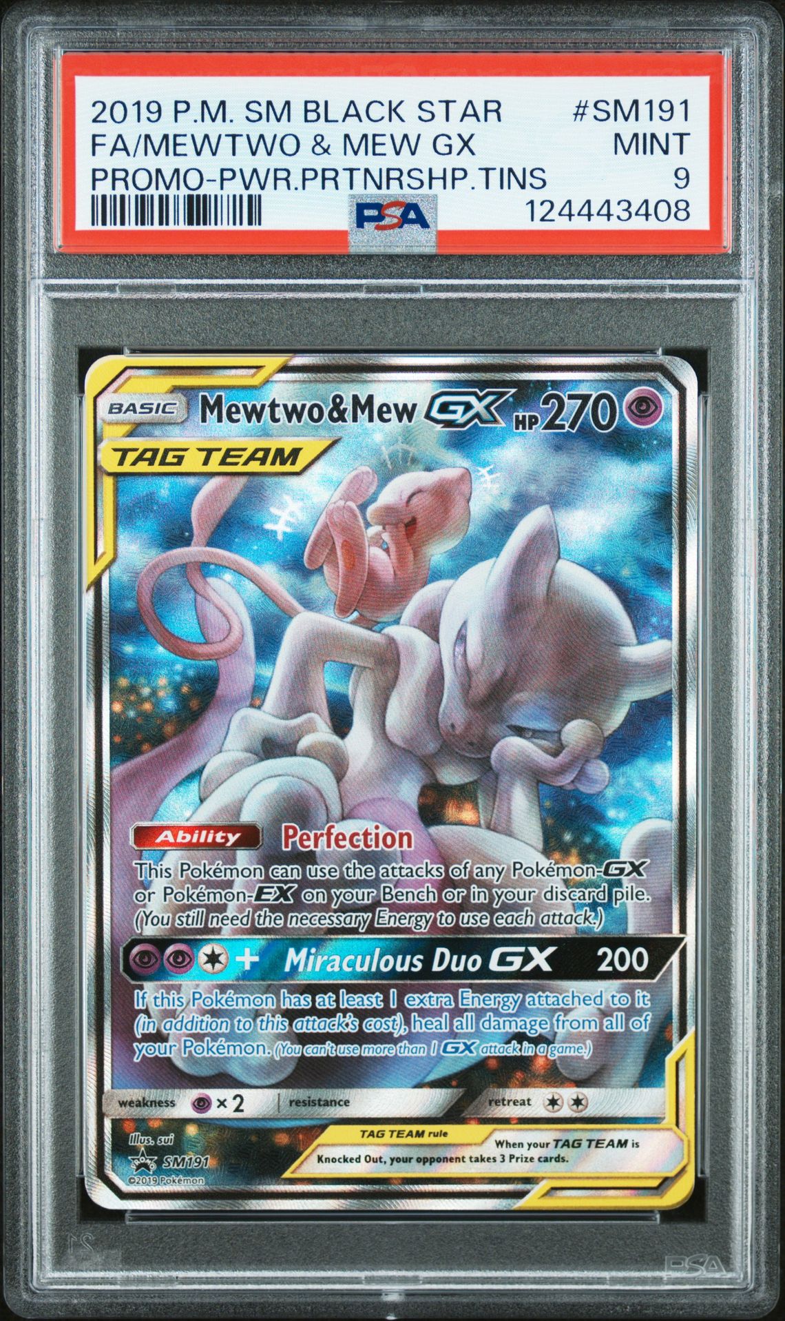 2019 Pokemon Sm Black Star Promo Fa/Mewtwo & Mew Gx #Sm191 (Promo-Pwr.prtnrshp.tins) Mint 9 front