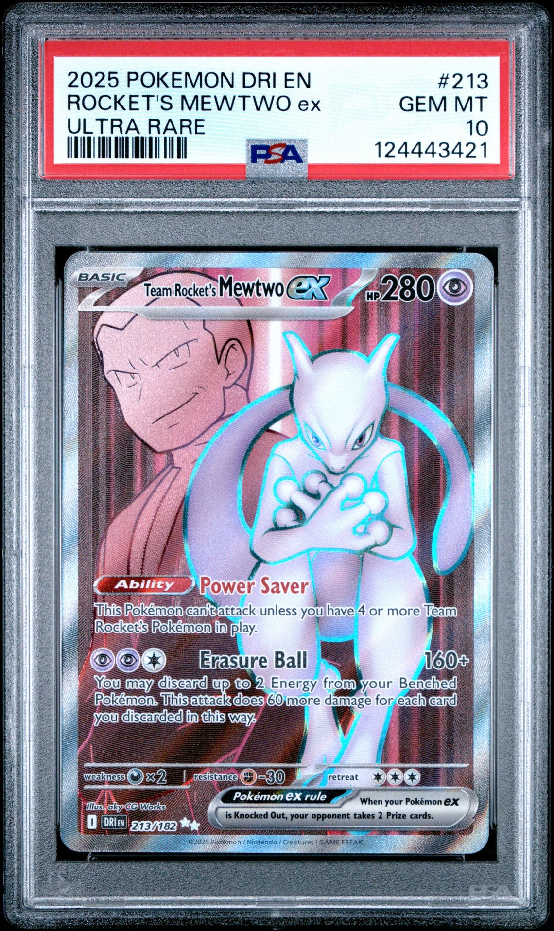 2025 Pokemon Dri En-Destined Rivals Rocket's Mewtwo Ex #213 (Ultra Rare) Gem Mt 10 front