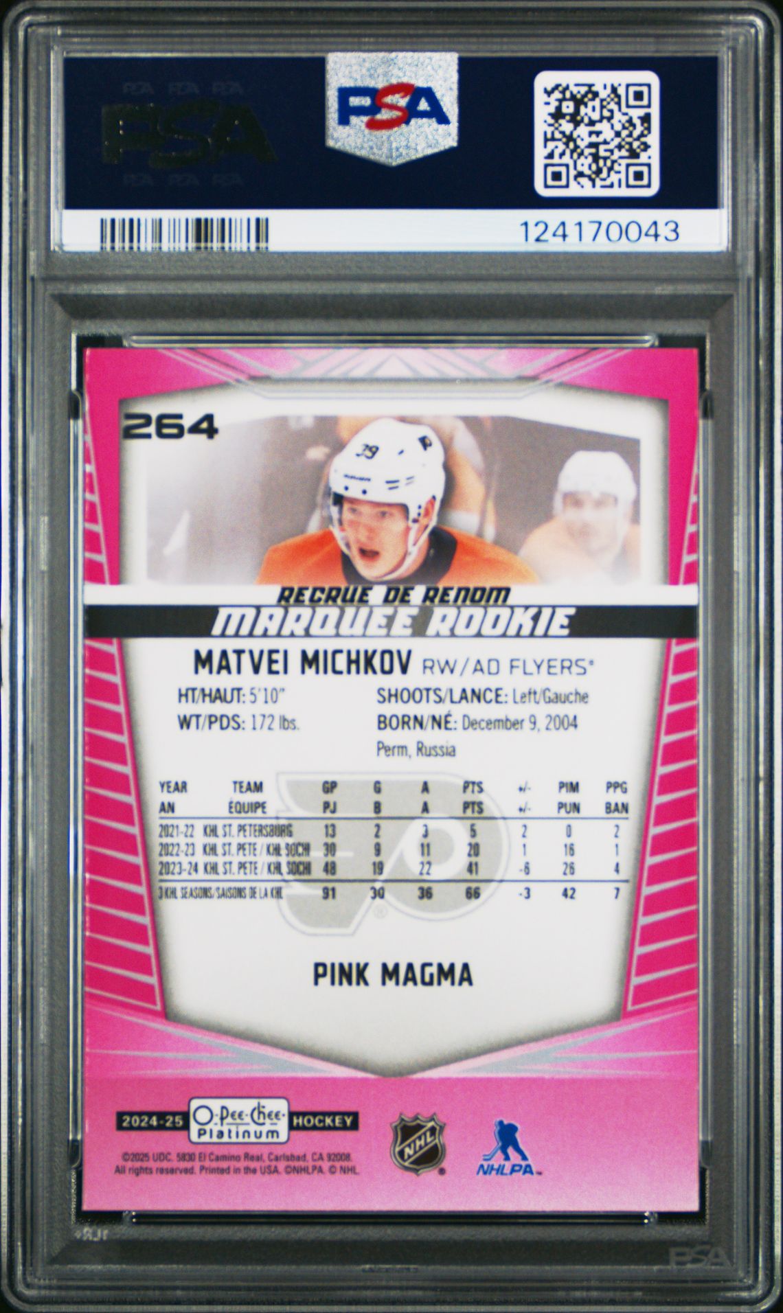 2024 Upper Deck O-Pee-Chee Platinum Matvei Michkov #264 (Pink Magma) Mint 9 back