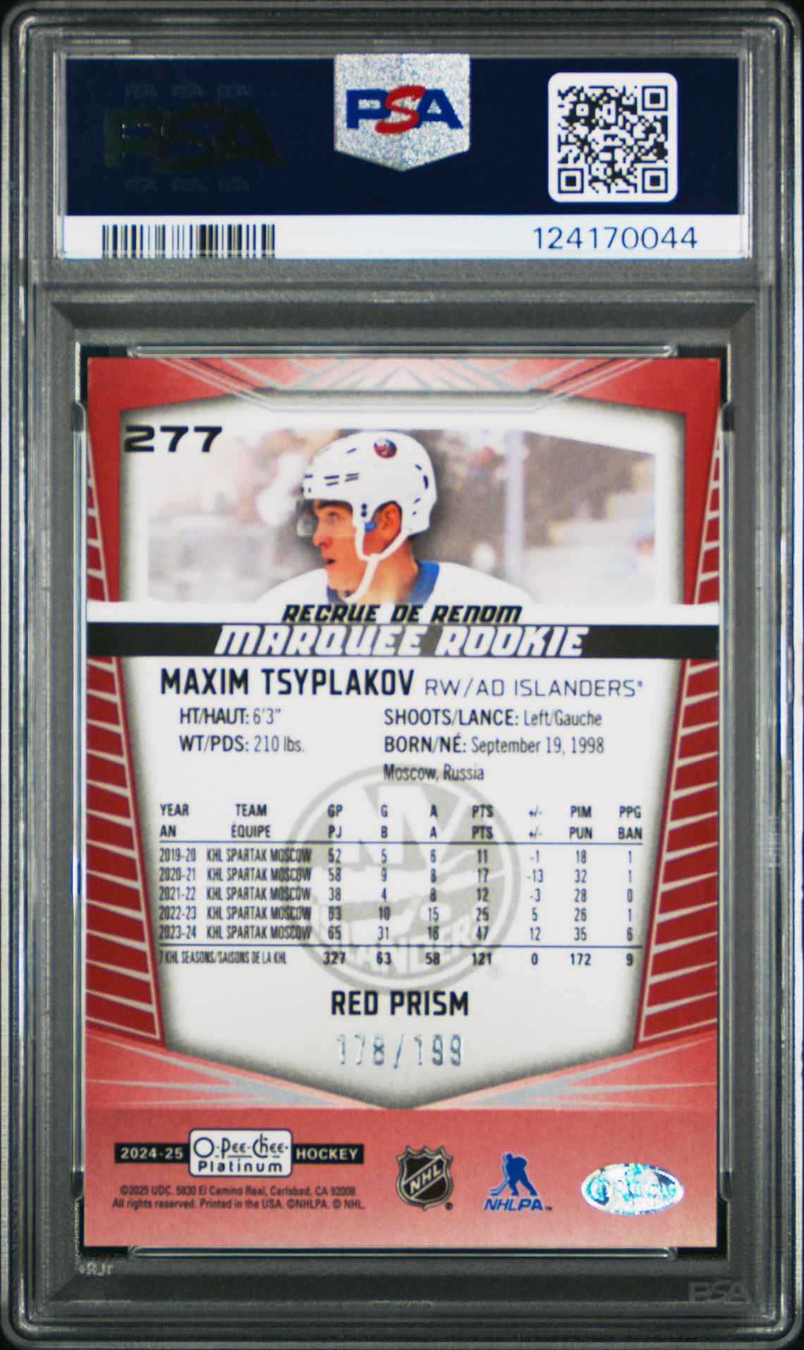 2024 Upper Deck O-Pee-Chee Platinum Maxim Tsyplakov #277 (Red Prism) Gem Mt 10 back