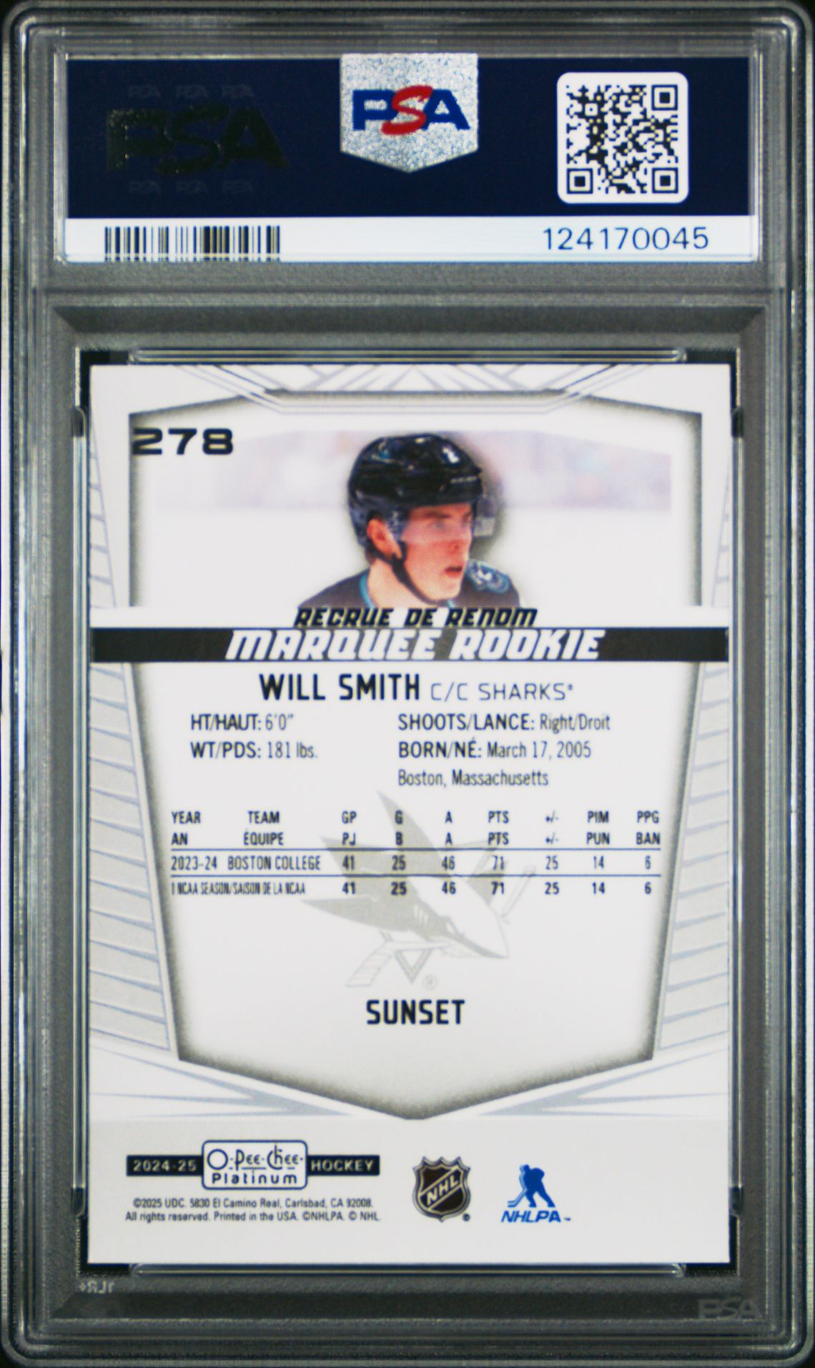 2024 Upper Deck O-Pee-Chee Platinum Will Smith #278 (Sunset) Gem Mt 10 back