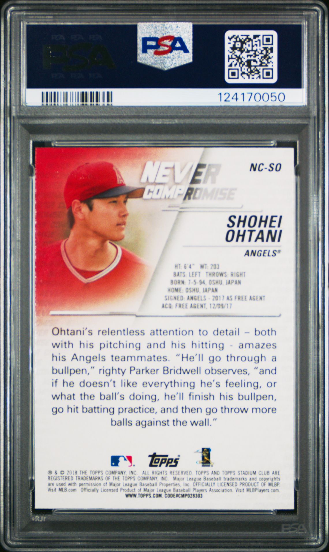 2018 Stadium Club Never Compromise Shohei Ohtani #Nc-So (Never Compromise) Gem Mt 10 back