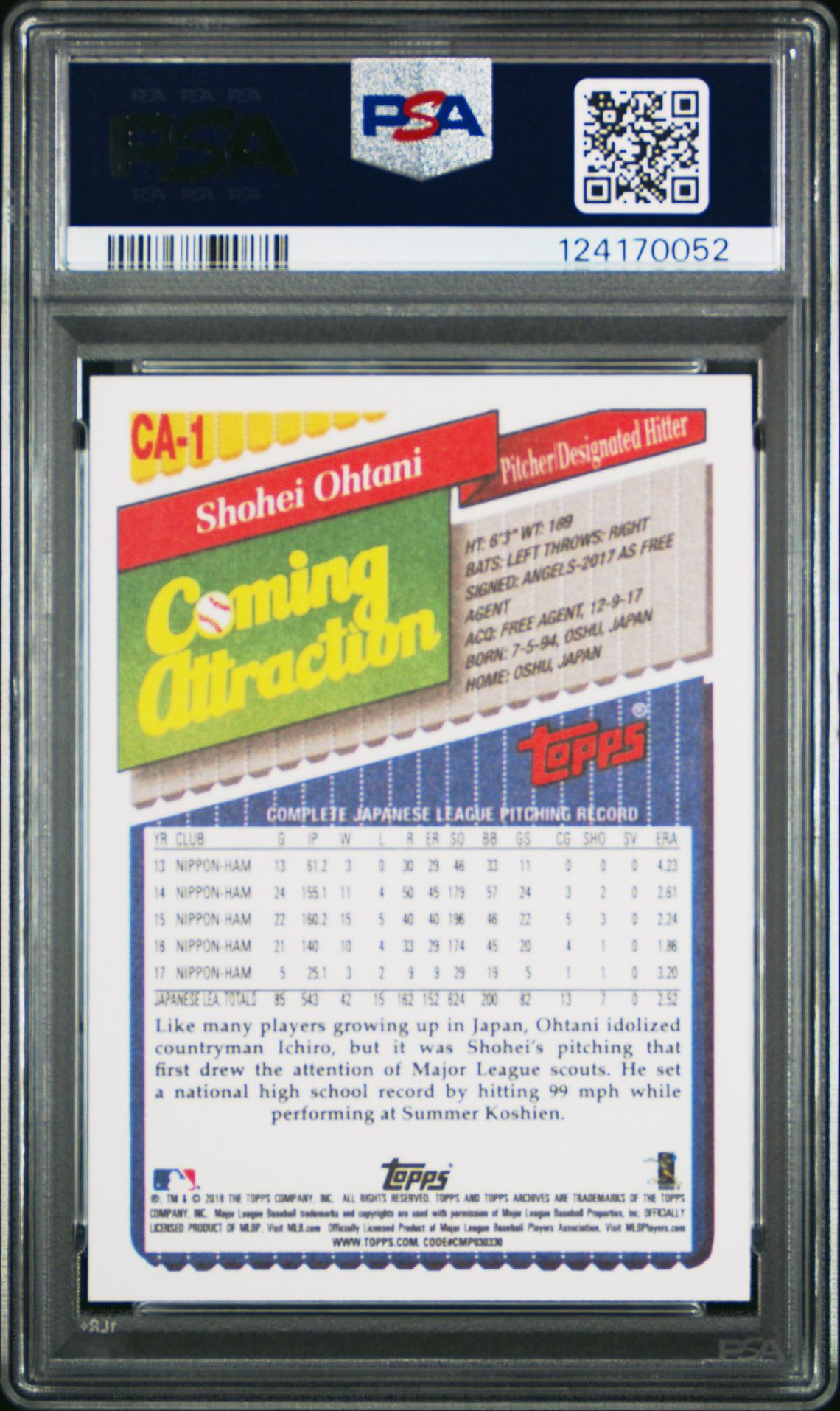 2018 Topps Archives 1993 Coming Attraction Shohei Ohtani #Ca1 (1993 Coming Attraction) Gem Mt 10 back