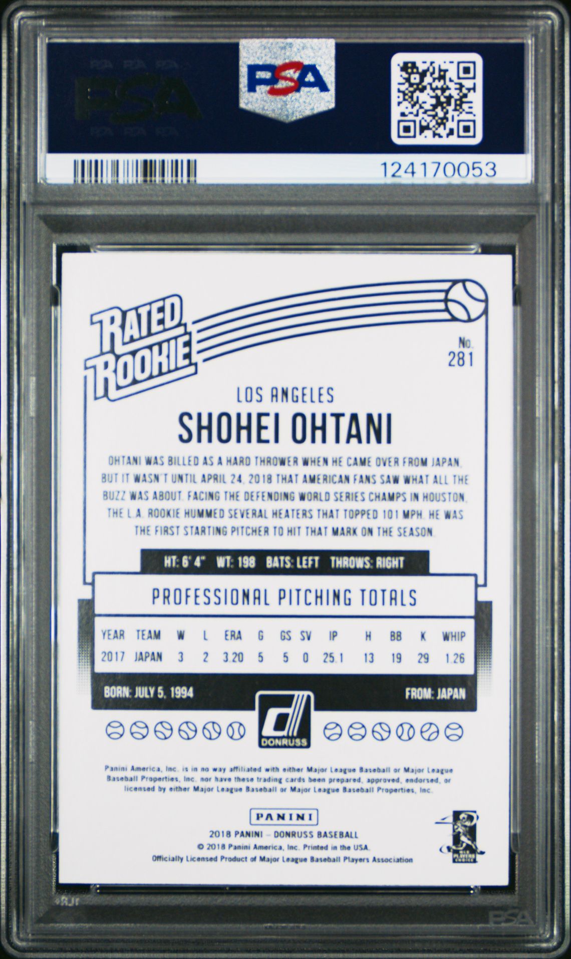 2018 Panini Donruss Shohei Ohtani #281 (Wrapper Redemption) Mint 9 back