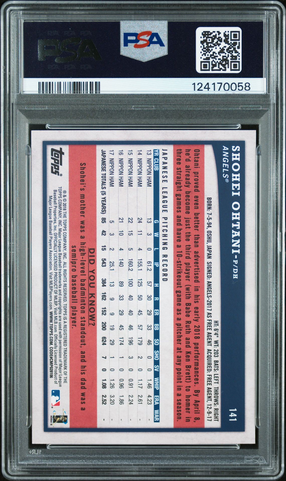 2018 Topps Big League Shohei Ohtani #141 (Gold) Mint 9 back