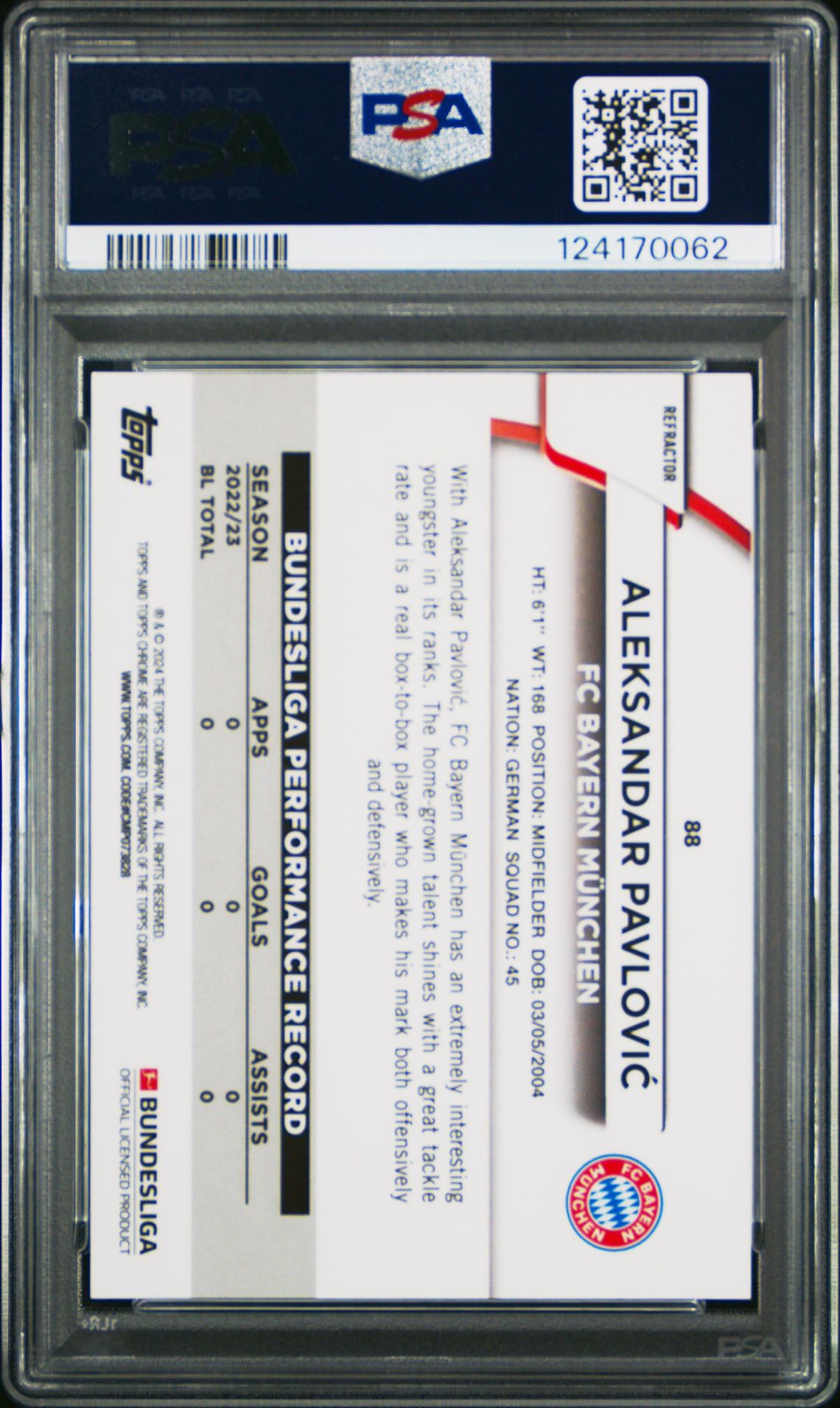 2023-24 Topps Chrome Bundesliga Aleksandar Pavlovic #88 (Prism Refractor) Gem Mt 10 back