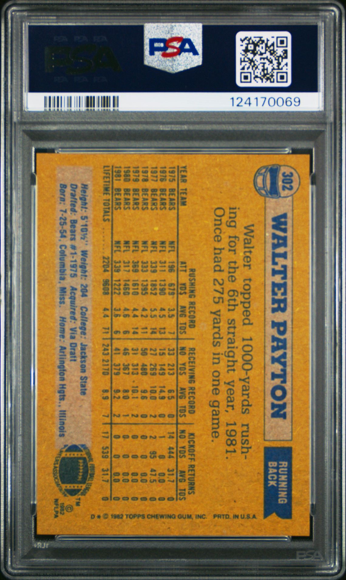 1982 Topps Walter Payton #302 Nm-Mt 8 back