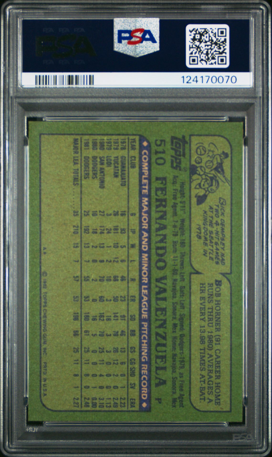 1982 Topps Fernando Valenzuela #510 Nm-Mt 8 back