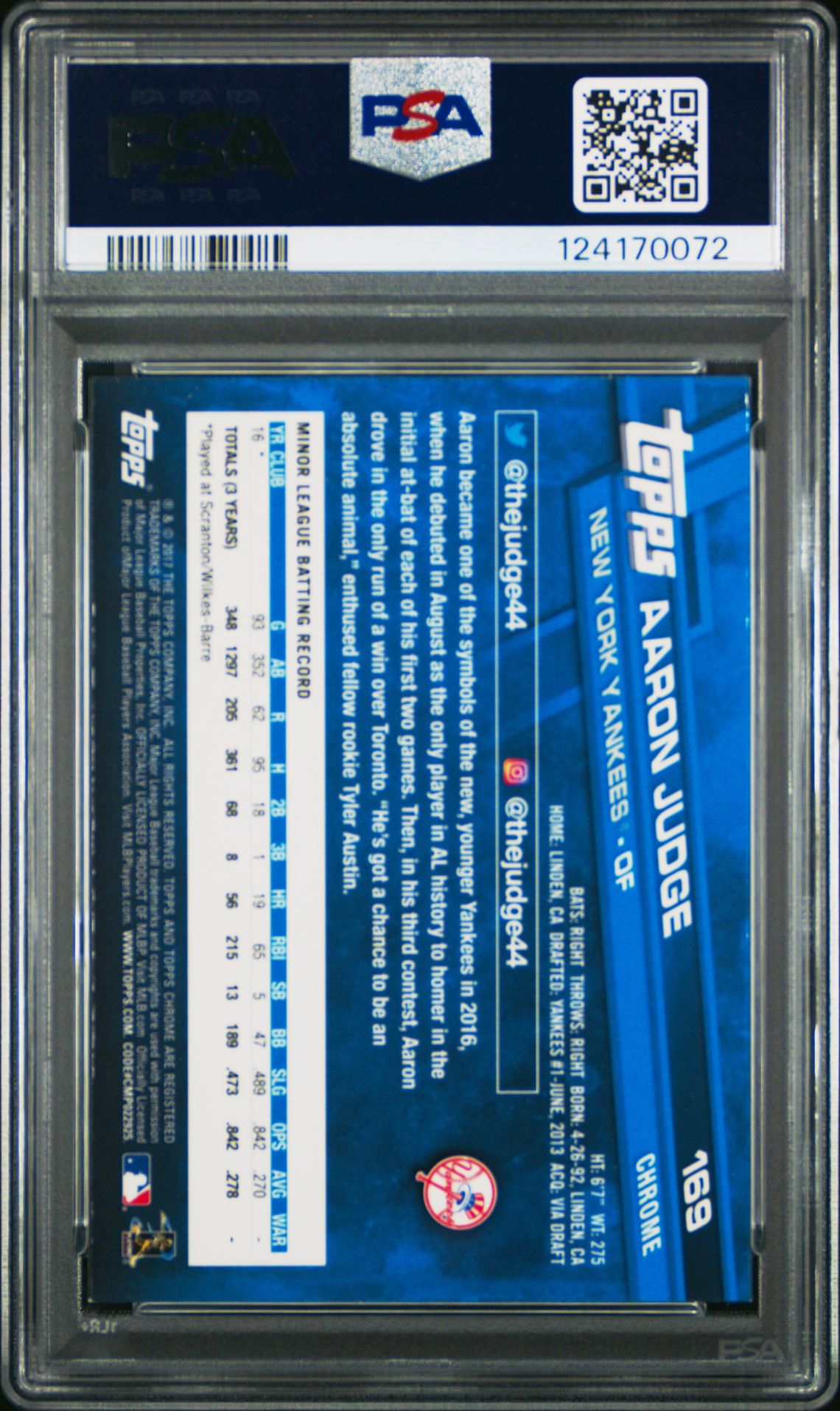 2017 Topps Chrome Aaron Judge #169 Mint 9 back