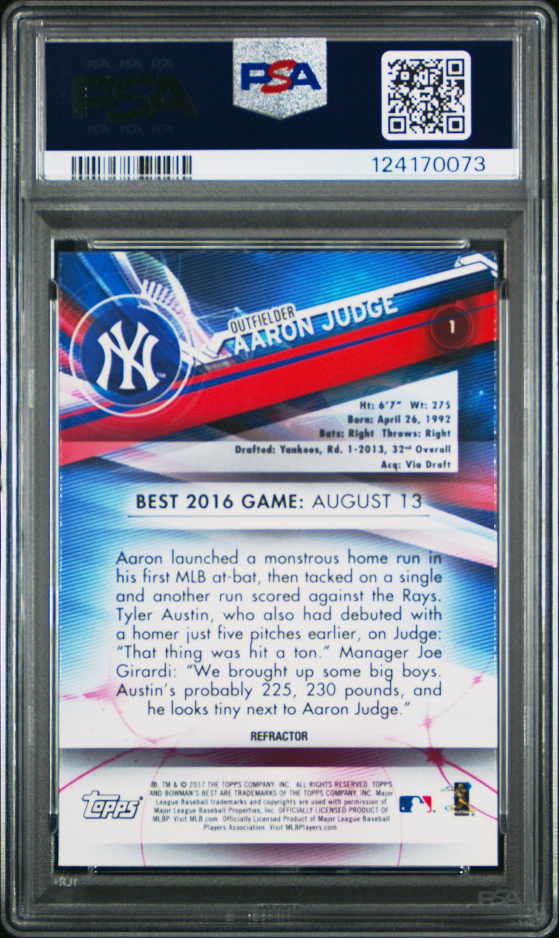 2017 Bowman's Best Aaron Judge #1 (Refractor) Gem Mt 10 back