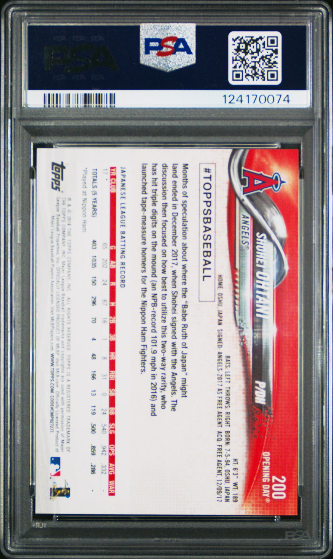 2018 Topps Opening Day Shohei Ohtani #200 Gem Mt 10 back