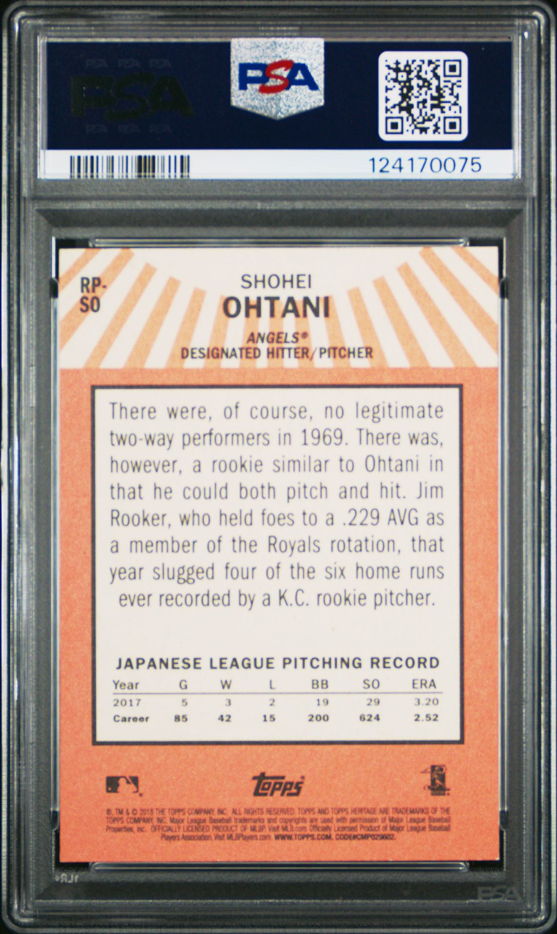 2018 Topps Heritage Rookie Performers Shohei Ohtani #Rp-So (Rookie Performers) Mint 9 back
