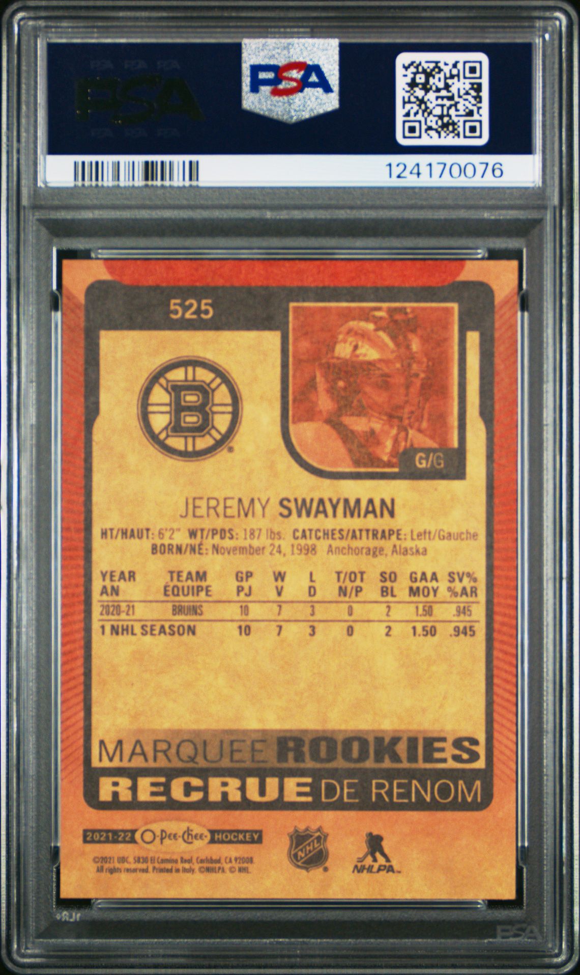 2021 O-Pee-Chee Jeremy Swayman #525 (Red Border) Gem Mt 10 back