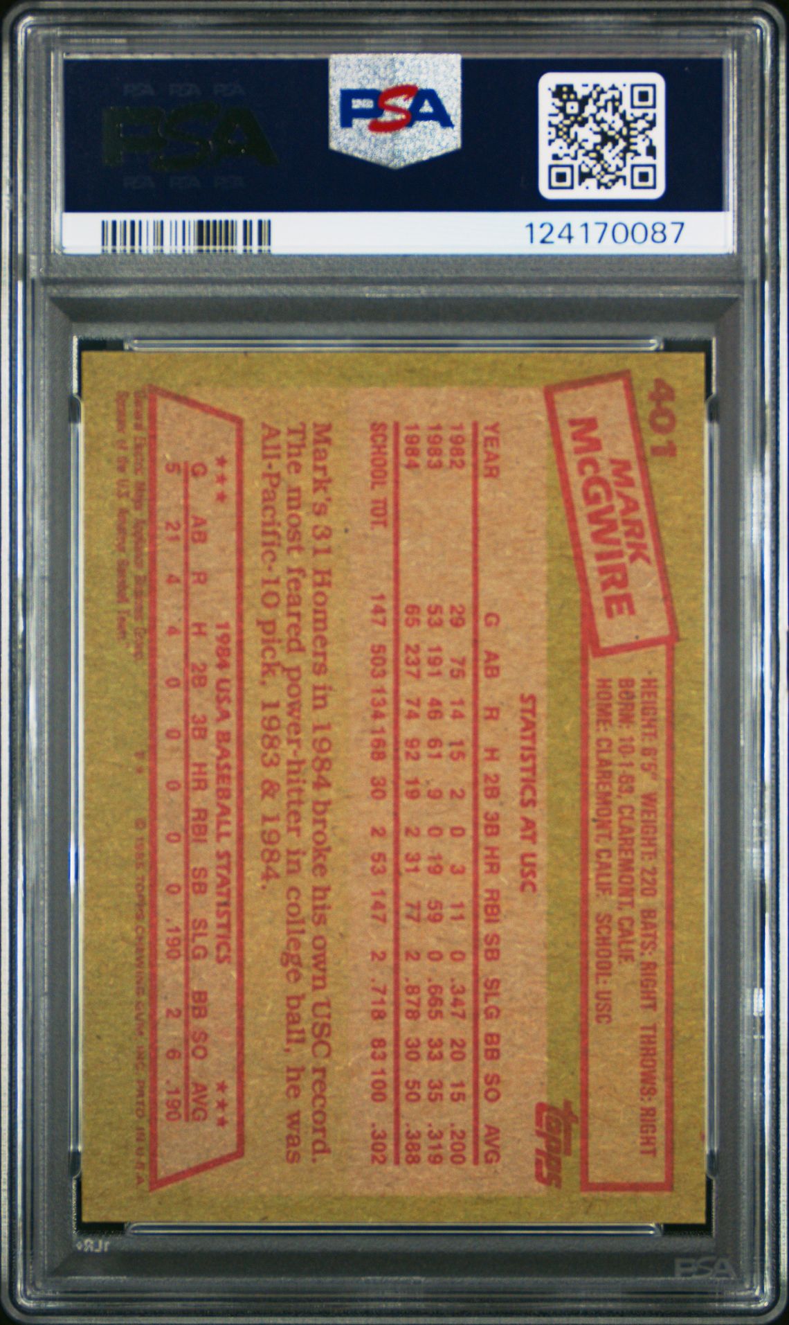 1985 Topps Mark Mcgwire #401 (1984 Usa Baseball Team) Nm 7 back