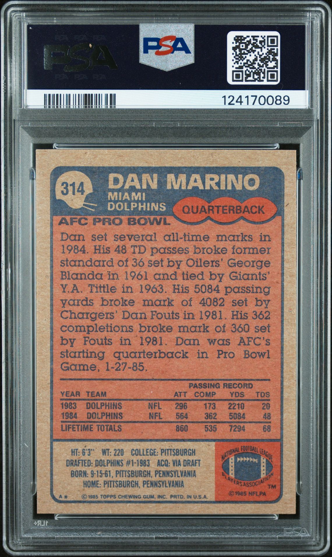 1985 Topps Dan Marino #314 (All Pro) Nm 7 back