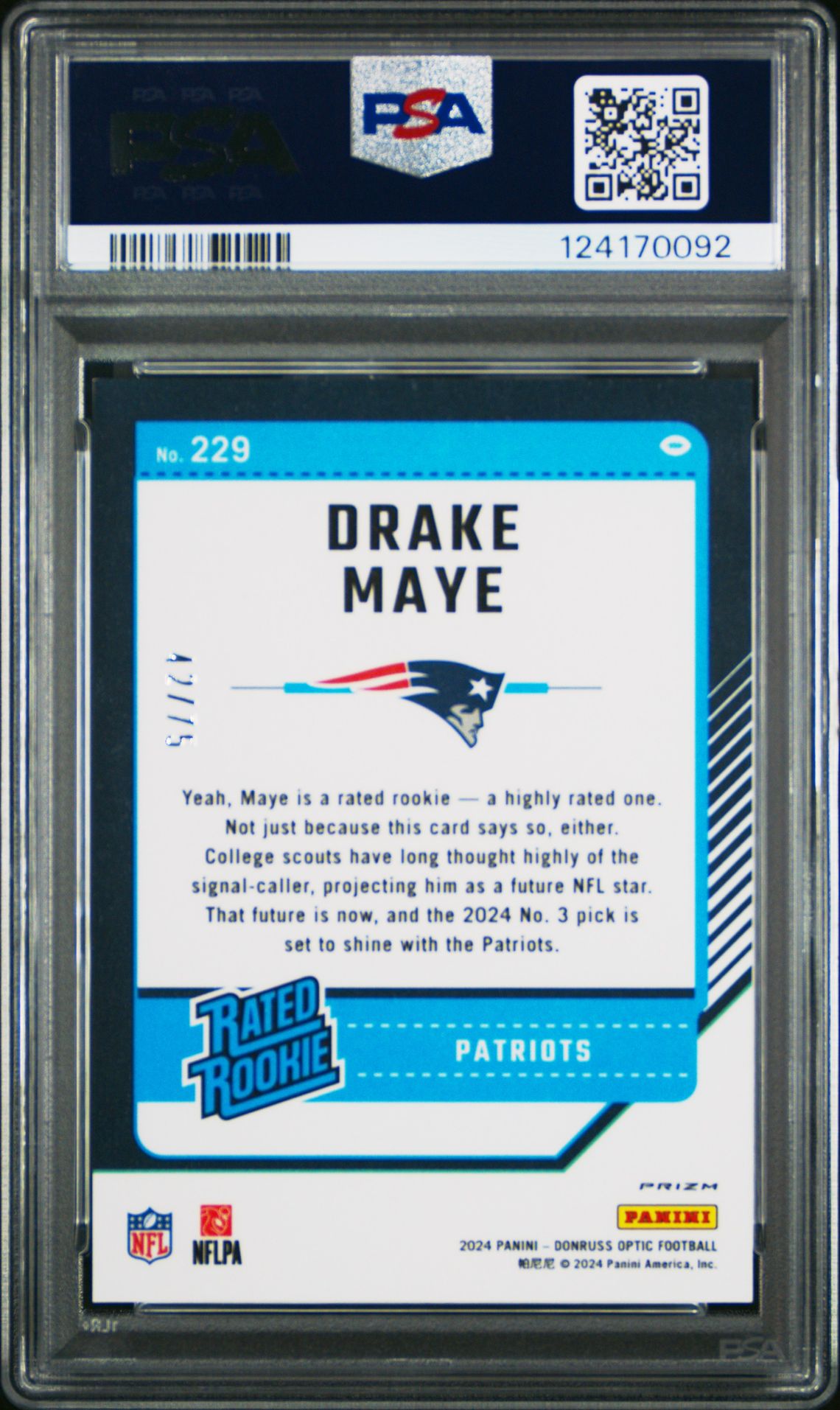 2024 Panini Donruss Optic Drake Maye #229 (Electricity) Mint 9 back