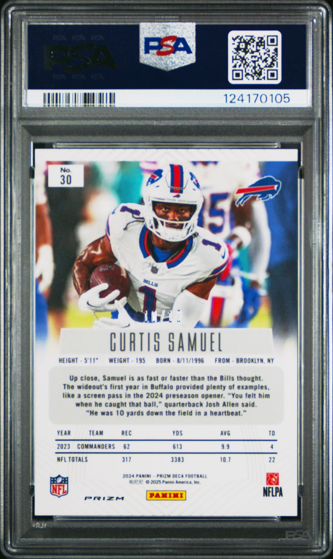 2024 Panini Prizm Deca Curtis Samuel #30 (Green Shimmer Fotl) Gem Mt 10 back