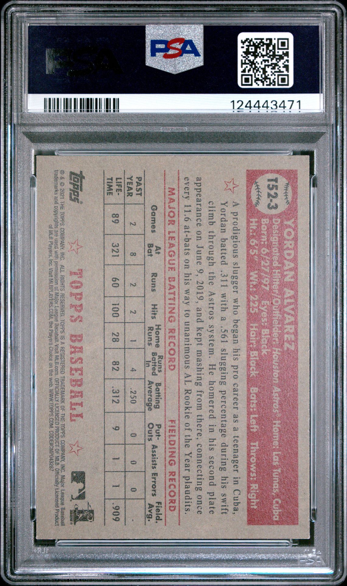 2024 Topps Archives Signature Series Yordan Alvarez #T523 (2021 Topps 1952 Redux 1/1) Mint 9 back