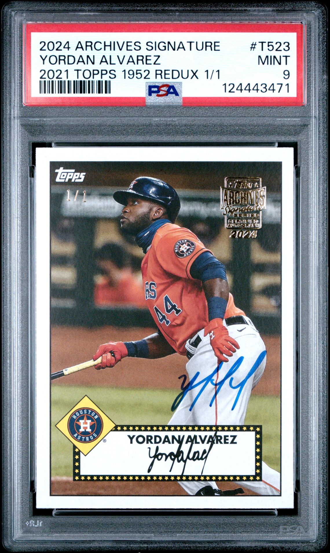 2024 Topps Archives Signature Series Yordan Alvarez #T523 (2021 Topps 1952 Redux 1/1) Mint 9 front