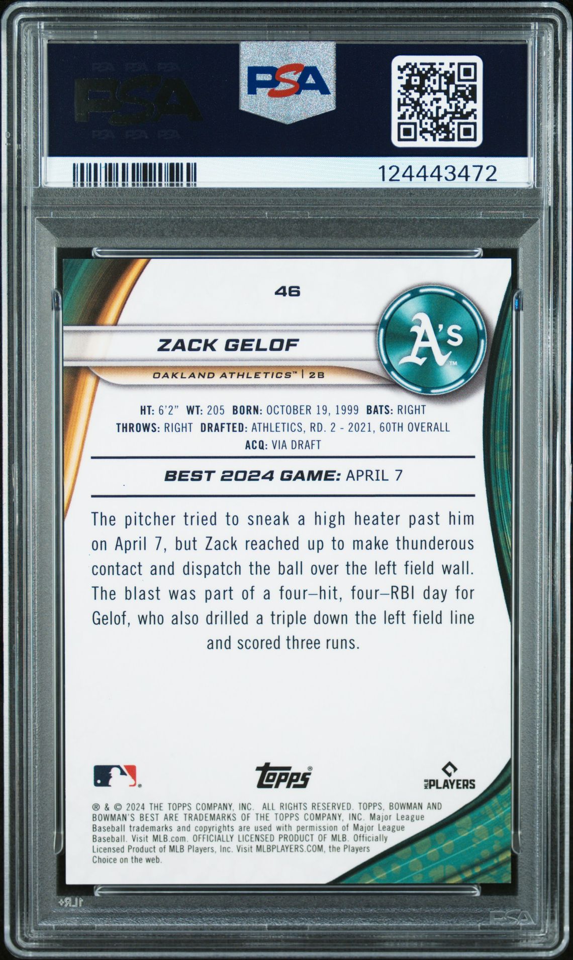 2024 Bowman's Best Zack Gelof #46 (Black Refractor) Gem Mt 10 back