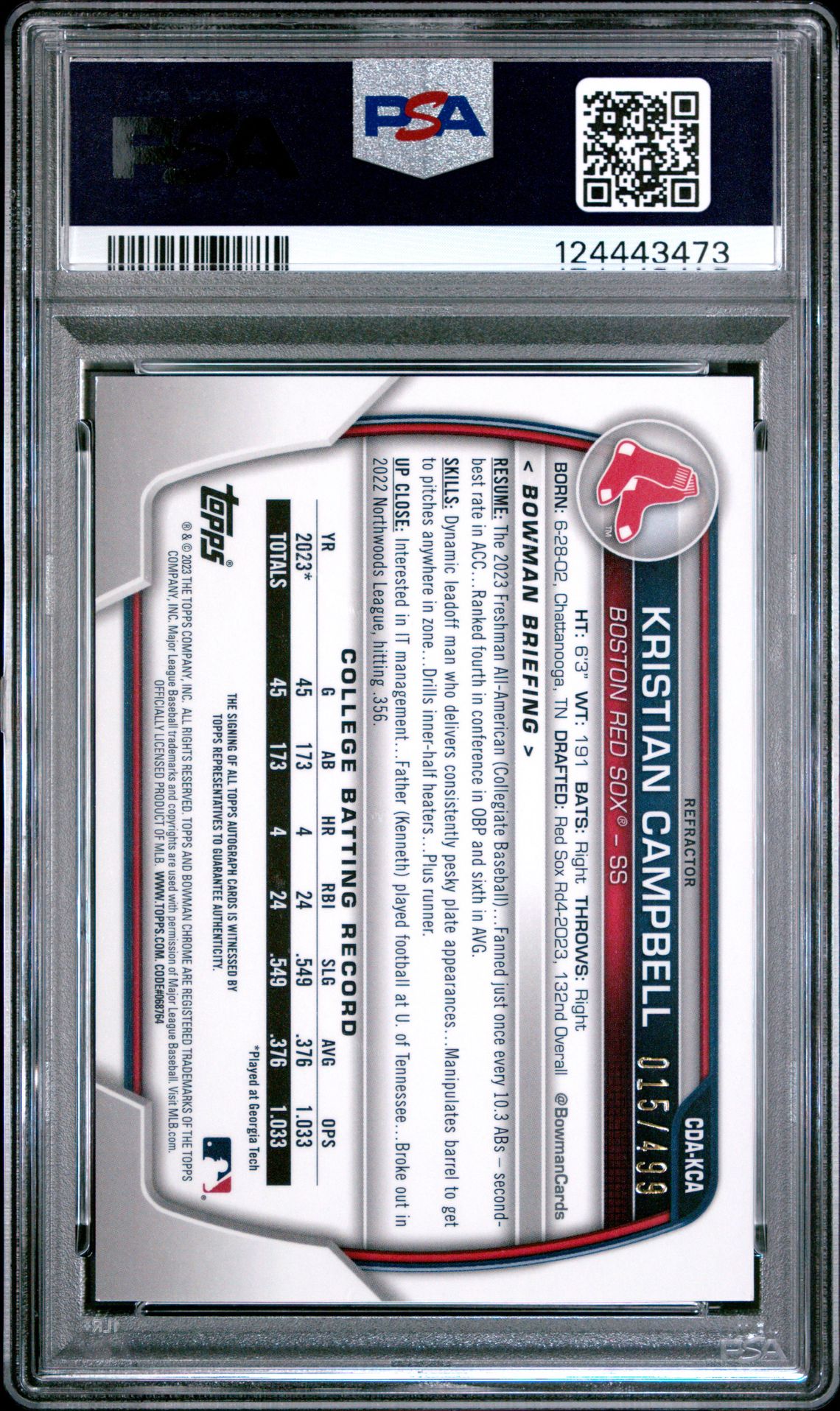 2023 Bowman Draft Chrome Prospect Autograph Kristian Campbell #Cdakca (Chrome Prspct Au-Refractor) Nm-Mt 8 back