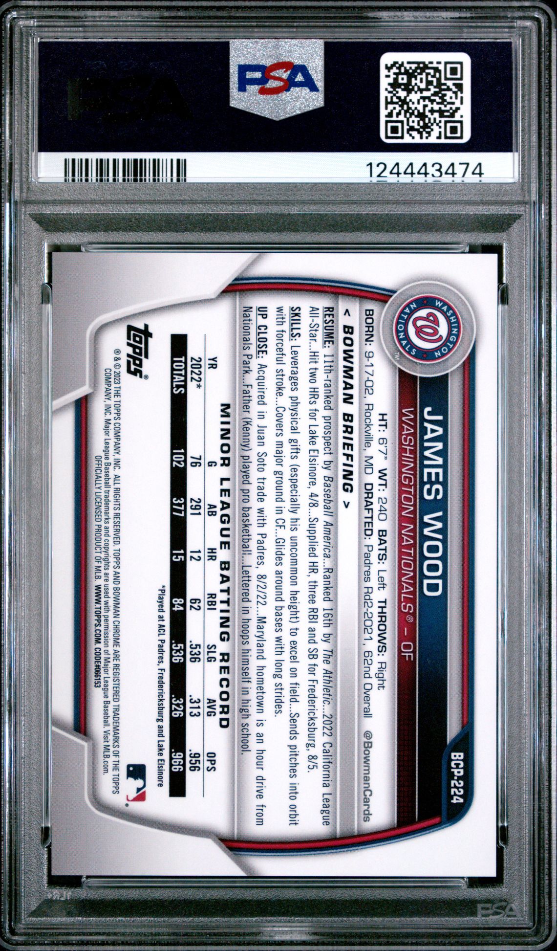 2023 Bowman Chrome Sapphire Edition Prospects James Wood #224 (Prospects-Aqua) Gem Mt 10 back