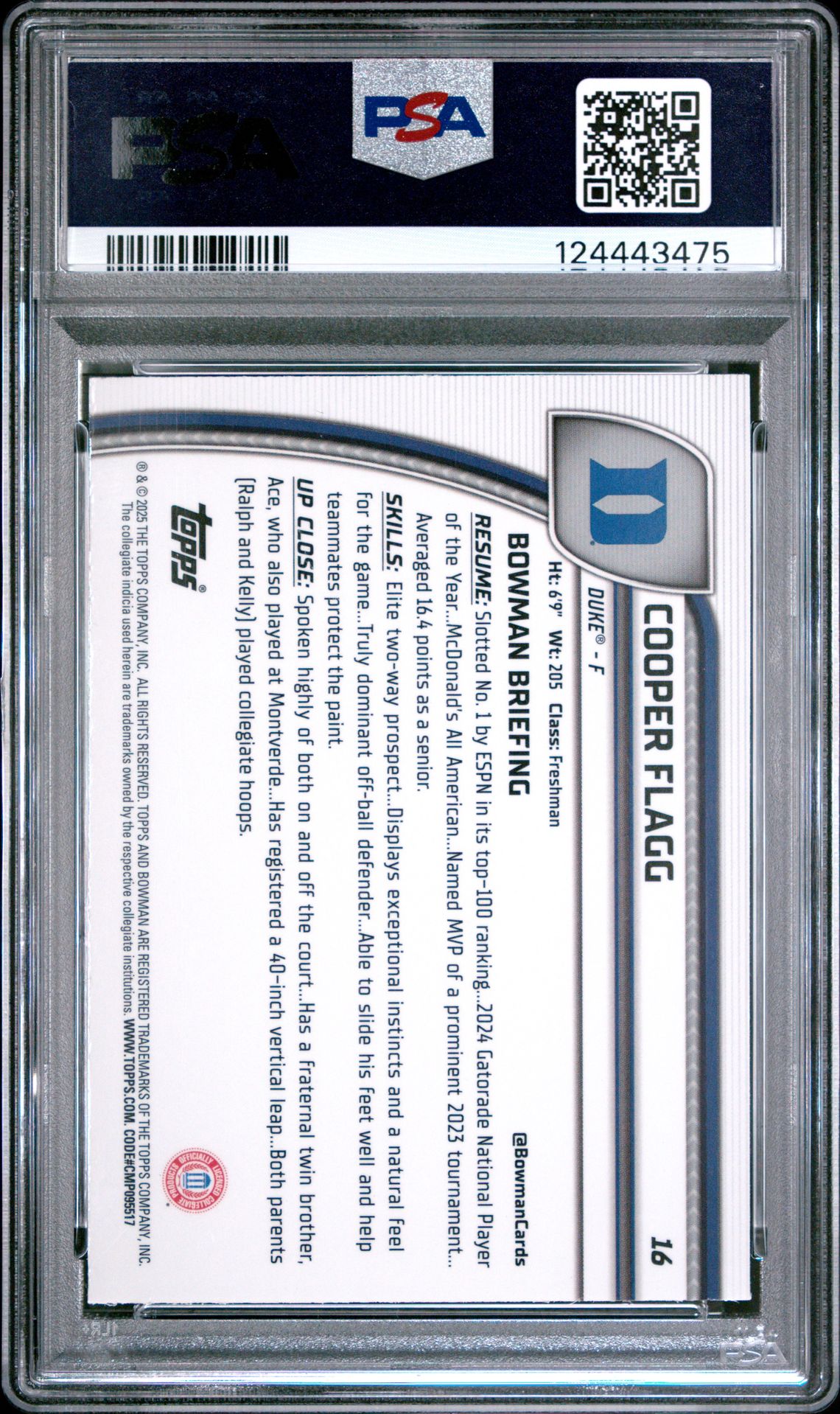 2024 Bowman Chrome University Cooper Flagg #16 (Aqua Wave) Gem Mt 10 back