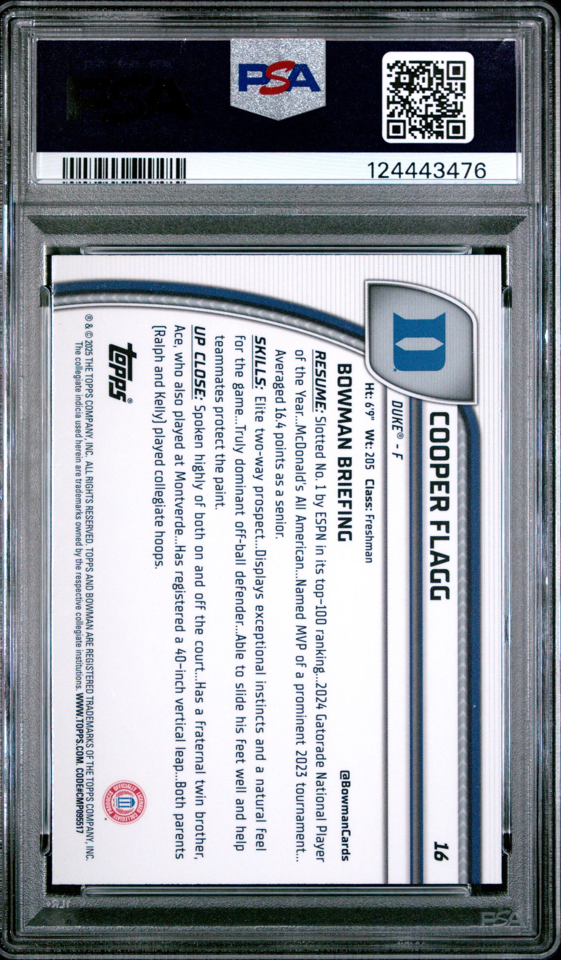 2024 Bowman Chrome University Cooper Flagg #16 (Black Wave) Mint 9 back