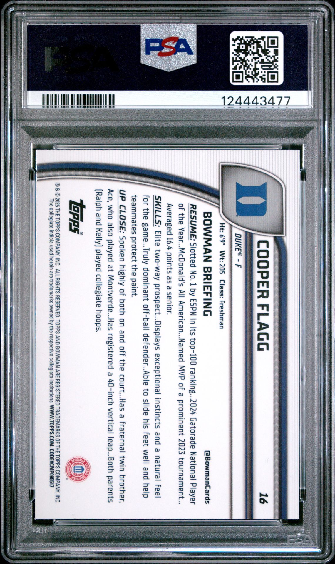 2024 Bowman University Chrome Sapphire Cooper Flagg #16 (Purple) Gem Mt 10 back