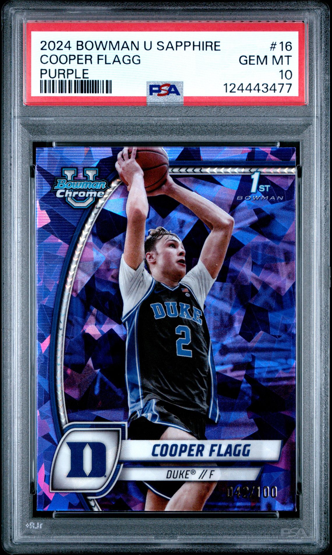 2024 Bowman University Chrome Sapphire Cooper Flagg #16 (Purple) Gem Mt 10 front