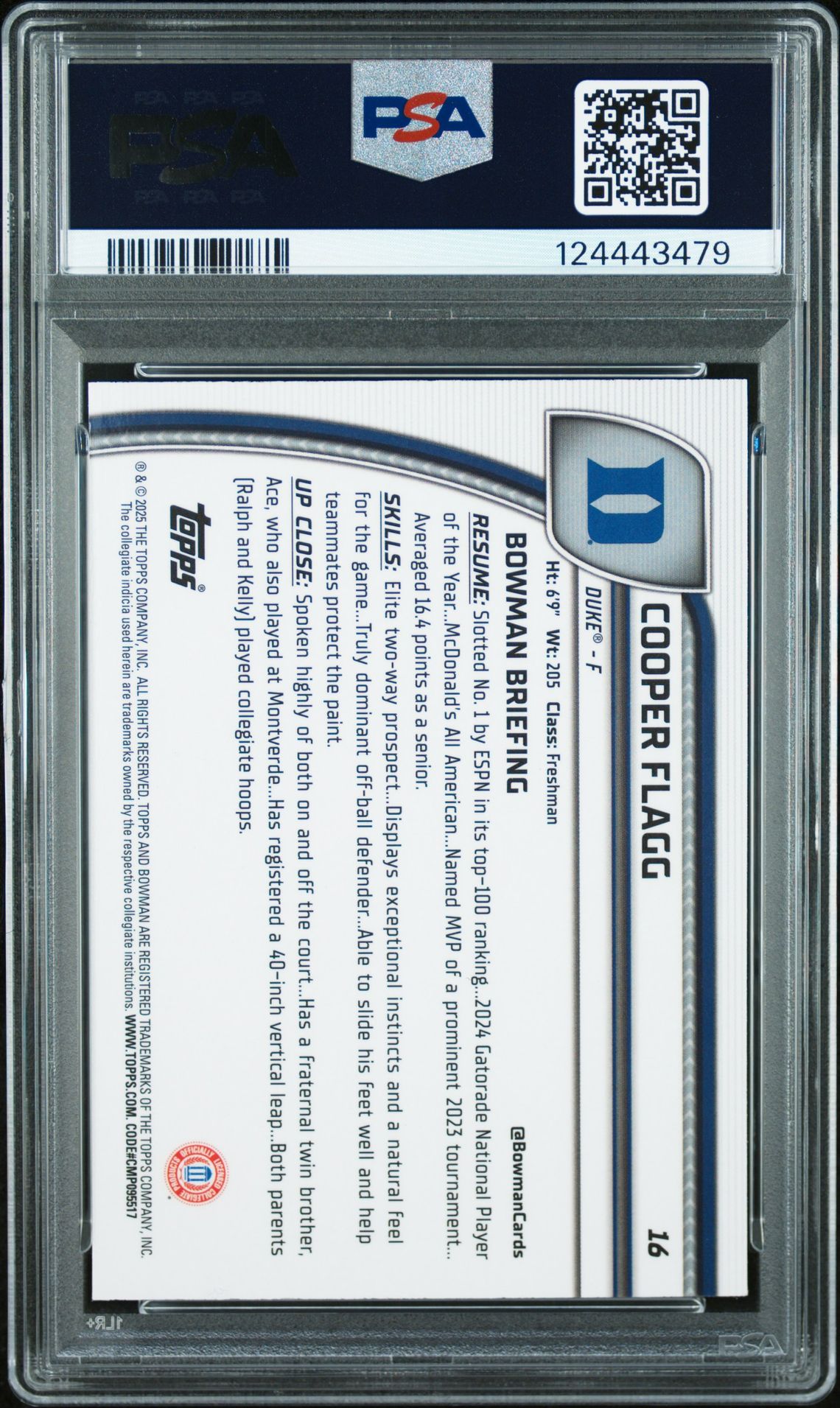 2024 Bowman Chrome University Cooper Flagg #16 (Black Wave) Gem Mt 10 back