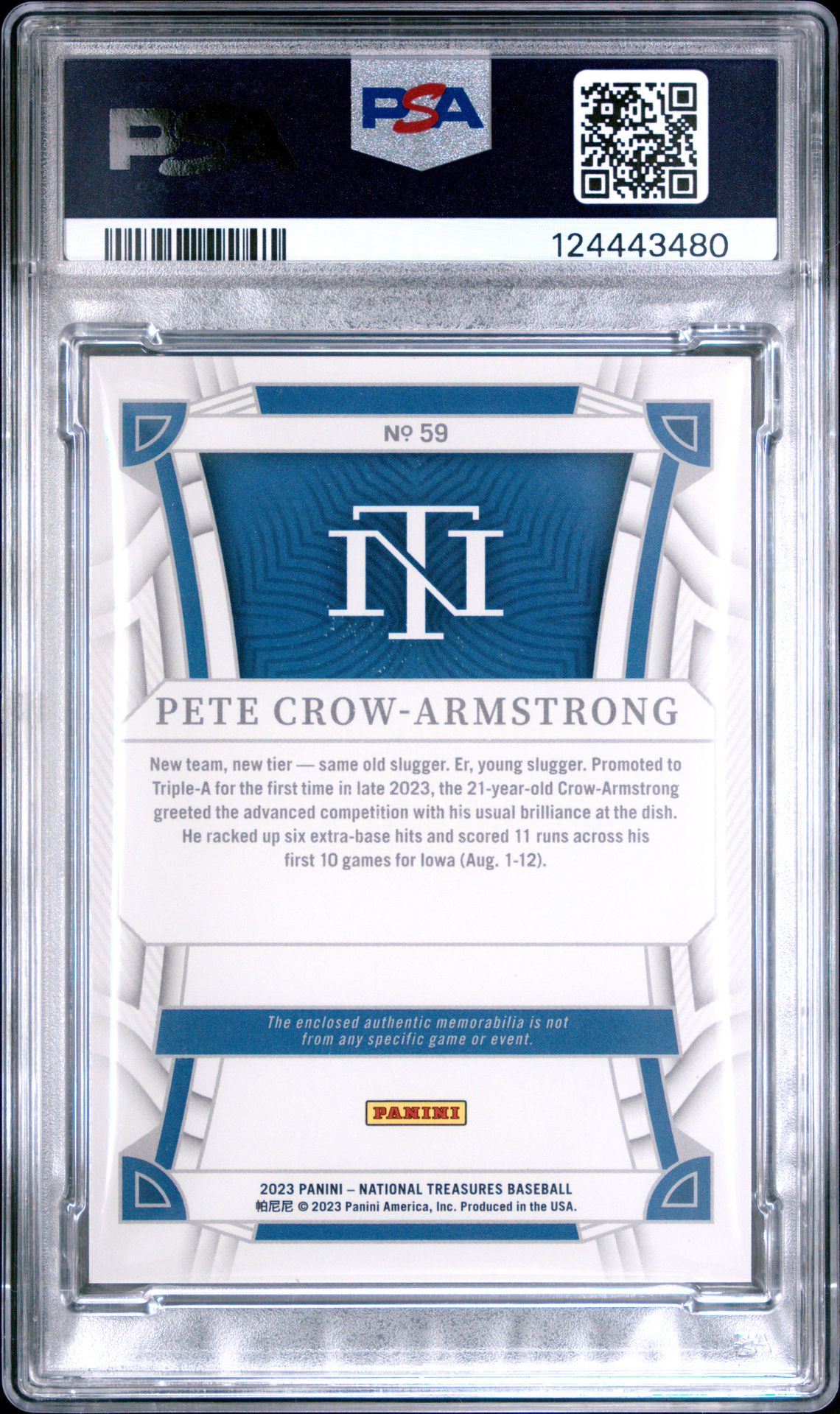 2023 Panini National Treasures Pete Crow-Armstrong #59 (Memorabilia-Purple) Gem Mt 10 back