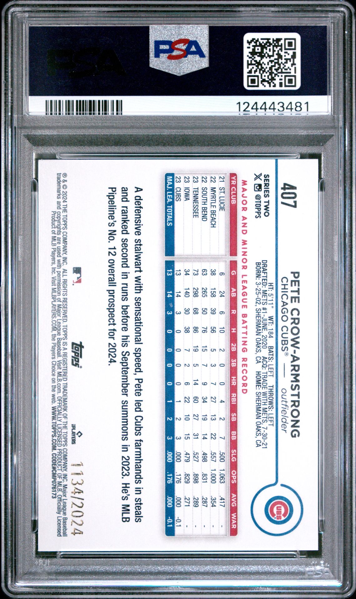 2024 Topps Pete Crow-Armstrong #407 (Gold) Mint 9 back