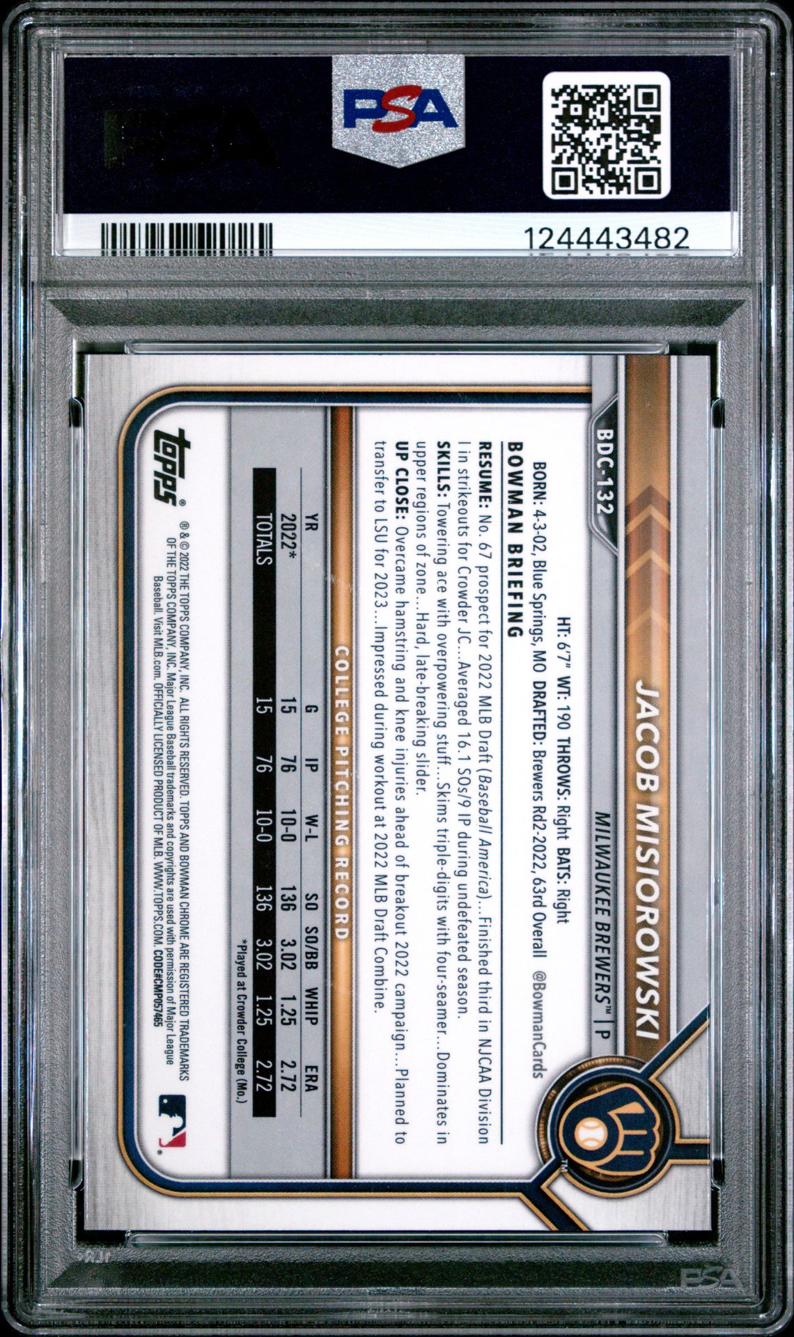 2022 Bowman Draft Chrome Sapphire Edition Jacob Misiorowski #Bdc132 Gem Mt 10 back