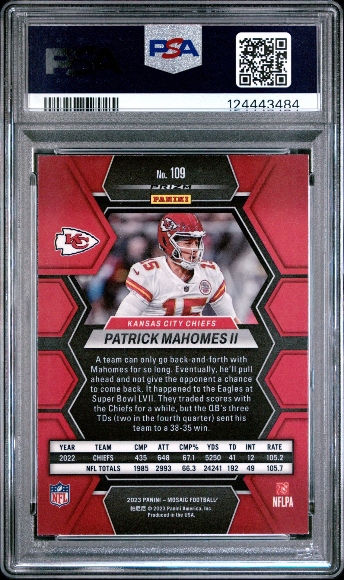 2023 Panini Mosaic Patrick Mahomes Ii #109 (Honeycomb) Gem Mt 10 back