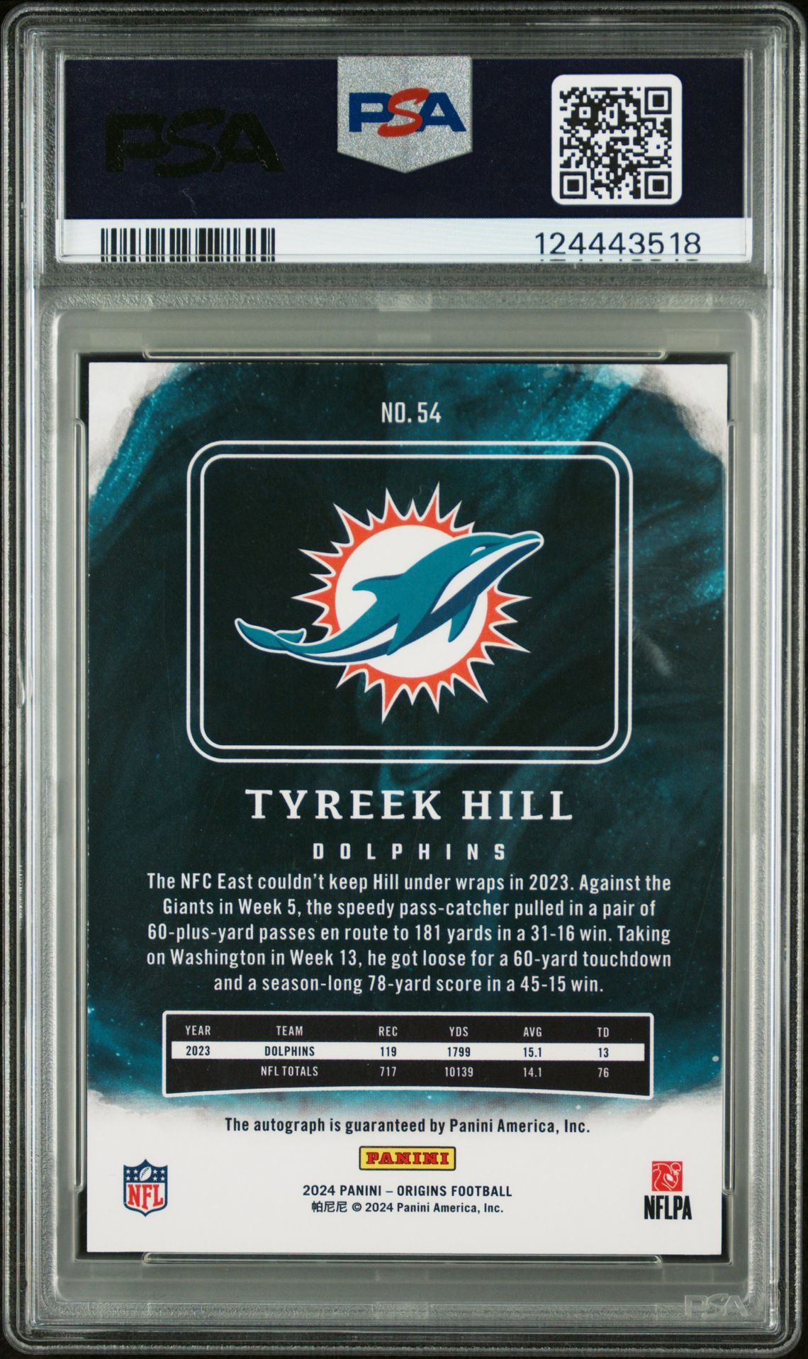 2024 Panini Origins Tyreek Hill #54 (Autograph) Mint 9 back