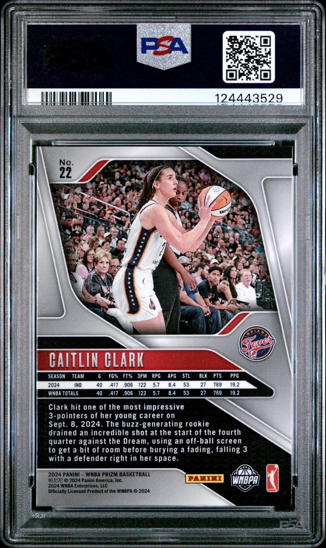 2024 Panini Prizm Wnba Caitlin Clark #22 Gem Mt 10 back