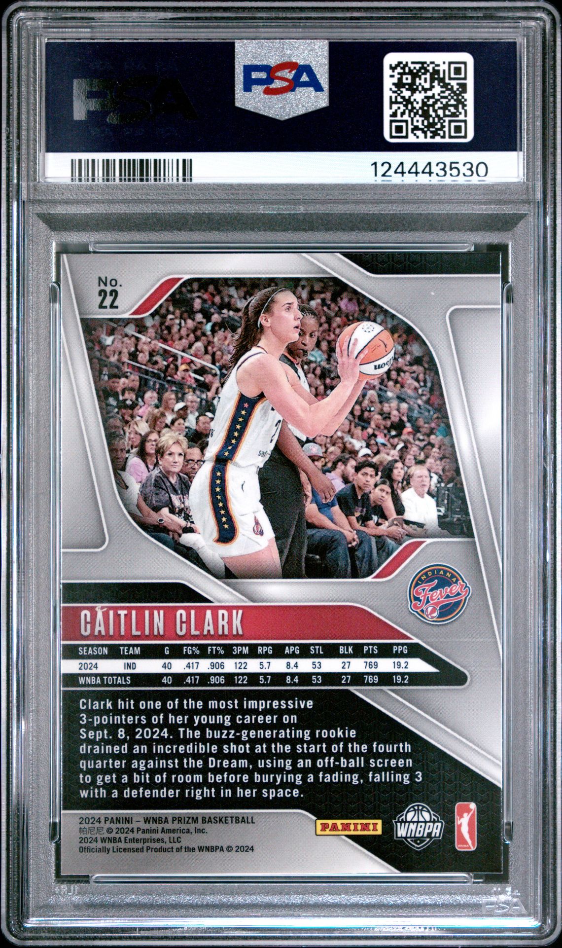 2024 Panini Prizm Wnba Caitlin Clark #22 Gem Mt 10 back