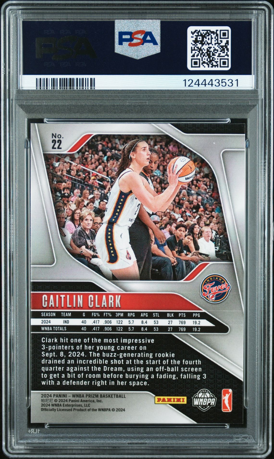 2024 Panini Prizm Wnba Caitlin Clark #22 Gem Mt 10 back