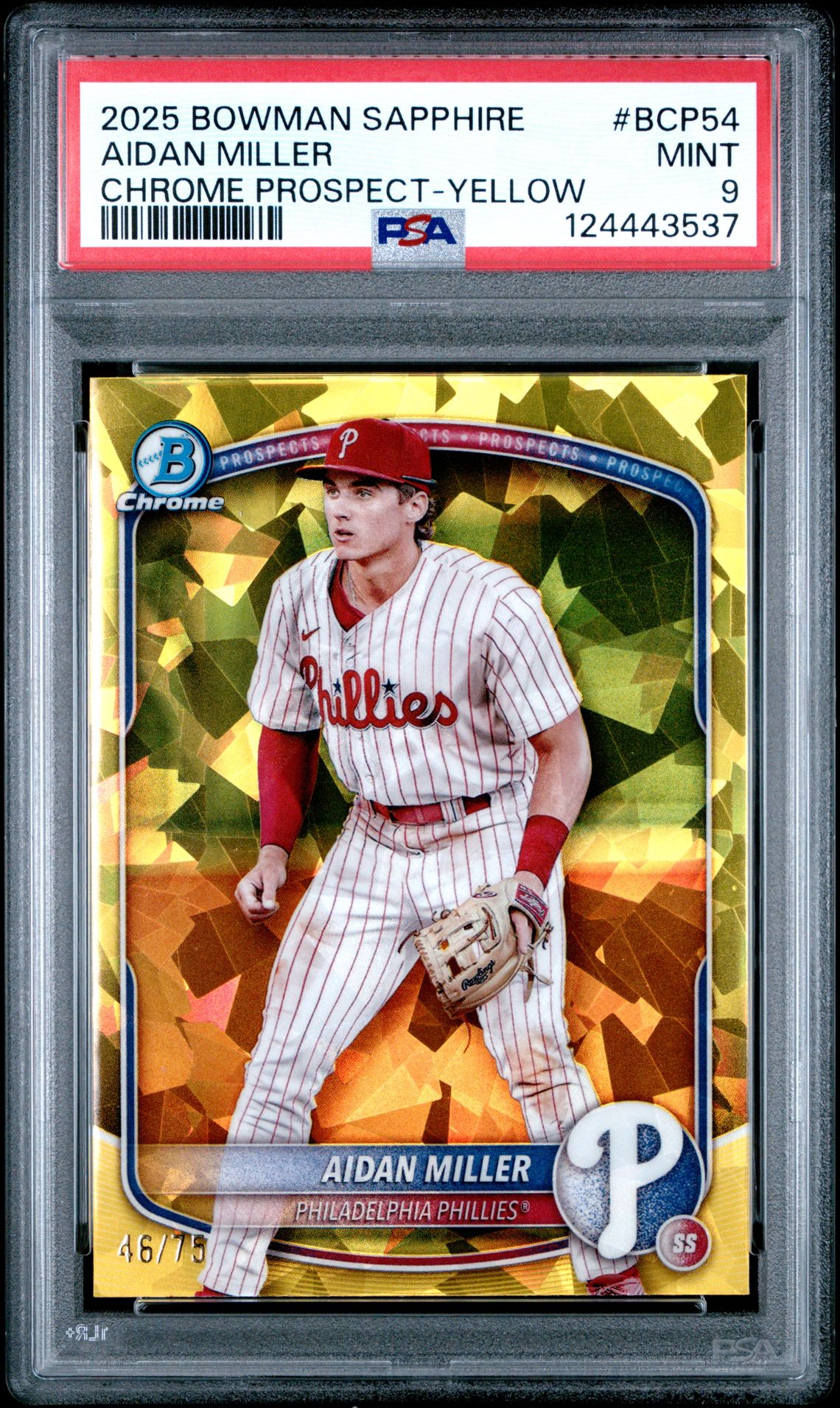 2025 Bowman Sapphire Edition Chrome Prospects Aidan Miller #Bcp54 (Chrome Prospect-Yellow) Mint 9 front