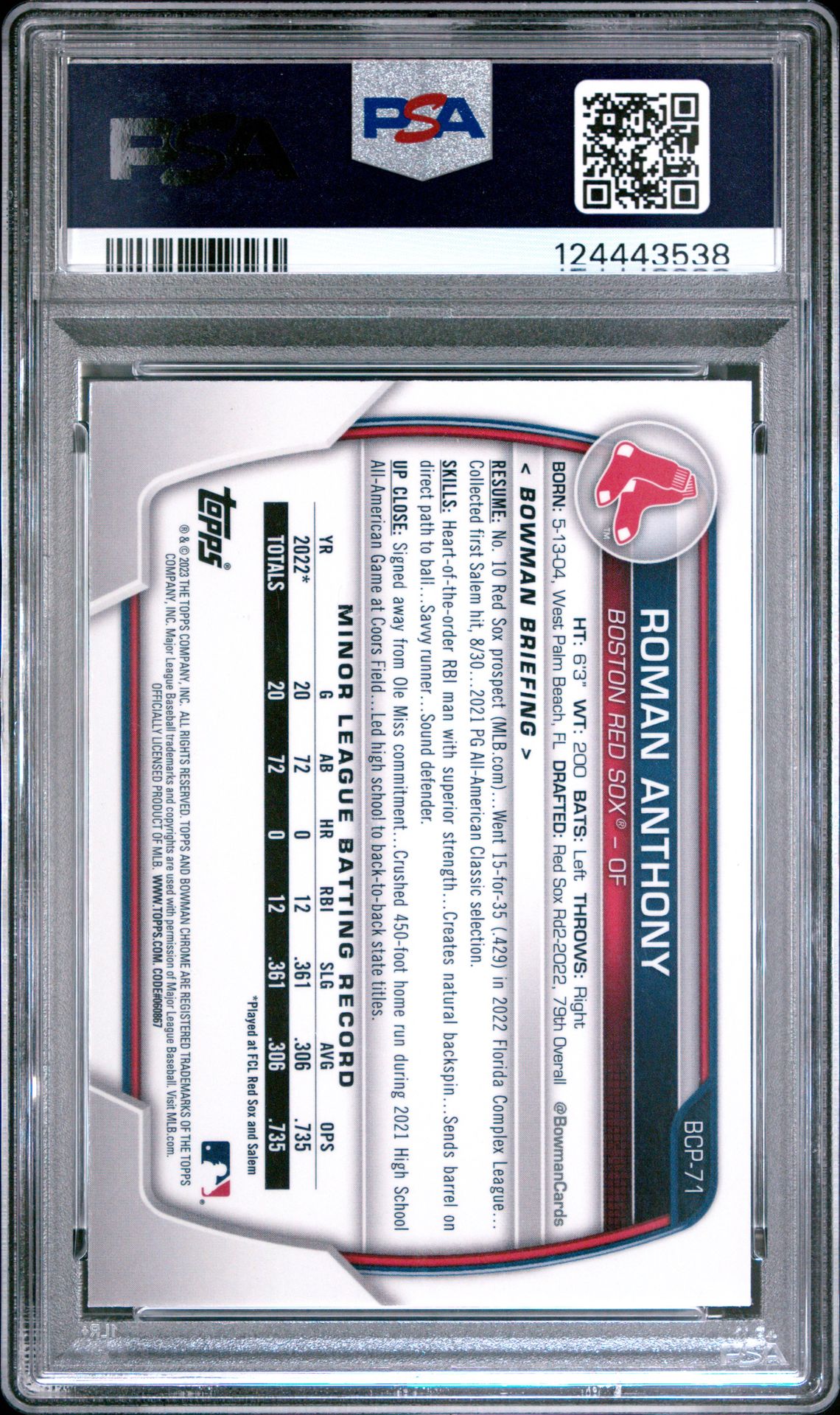 2023 Bowman Mega Box Chrome Roman Anthony #71 (Chrome) Mint 9 back