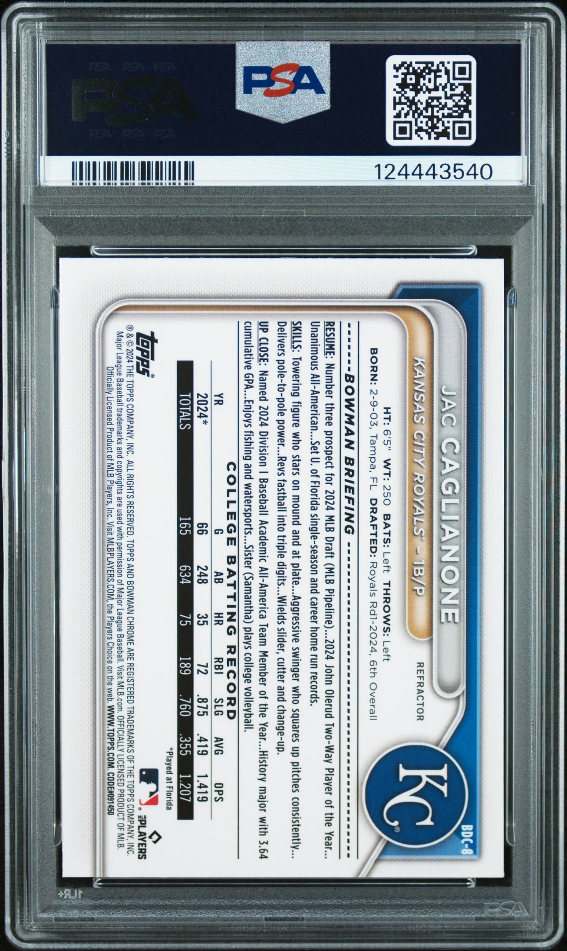 2024 Bowman Draft Jac Caglianone #Bdc8 (Chrome-Refractor) Gem Mt 10 back