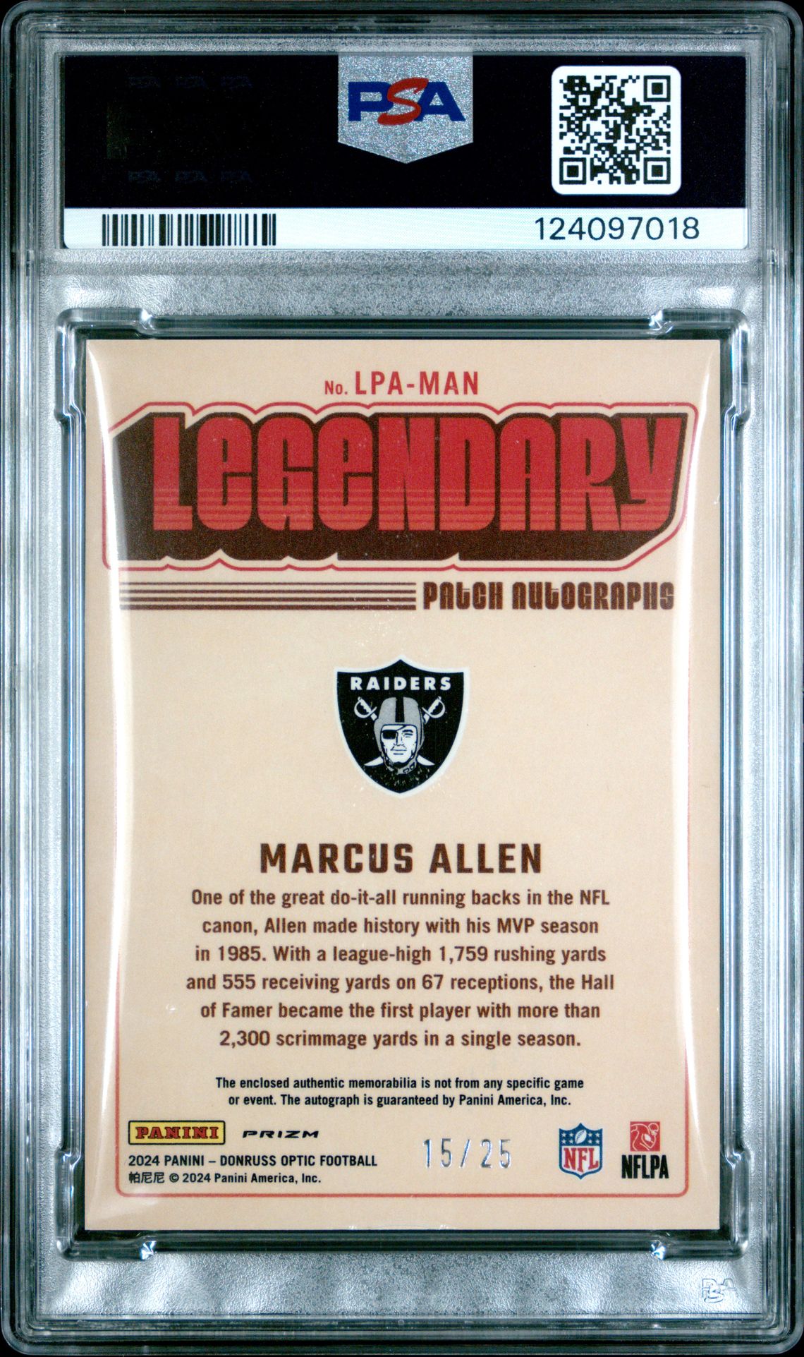 2024 Panini Donruss Optic Legendary Patch Autographs Marcus Allen #Lpaman Ex-Mt 6 back