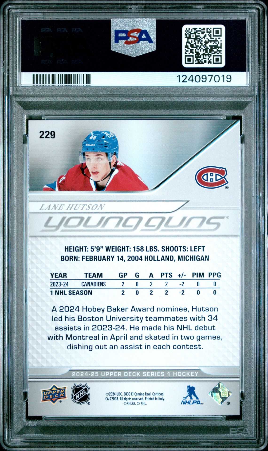 2024 Upper Deck Lane Hutson #229 Gem Mt 10 back