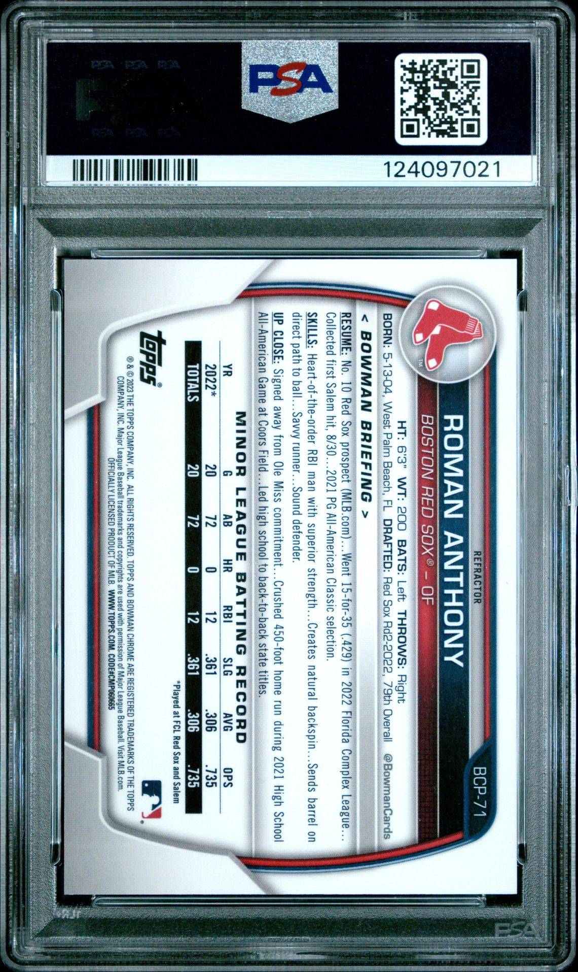 2023 Bowman Chrome Prospects Roman Anthony #Bcp71 (Chrome Pros-Refractor) Gem Mt 10 back