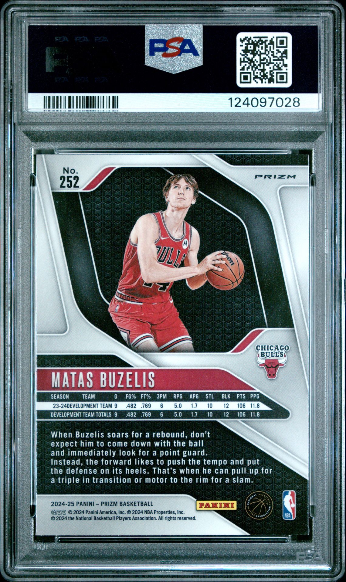 2024 Panini Prizm Matas Buzelis #252 (Orange Ice) Gem Mt 10 back