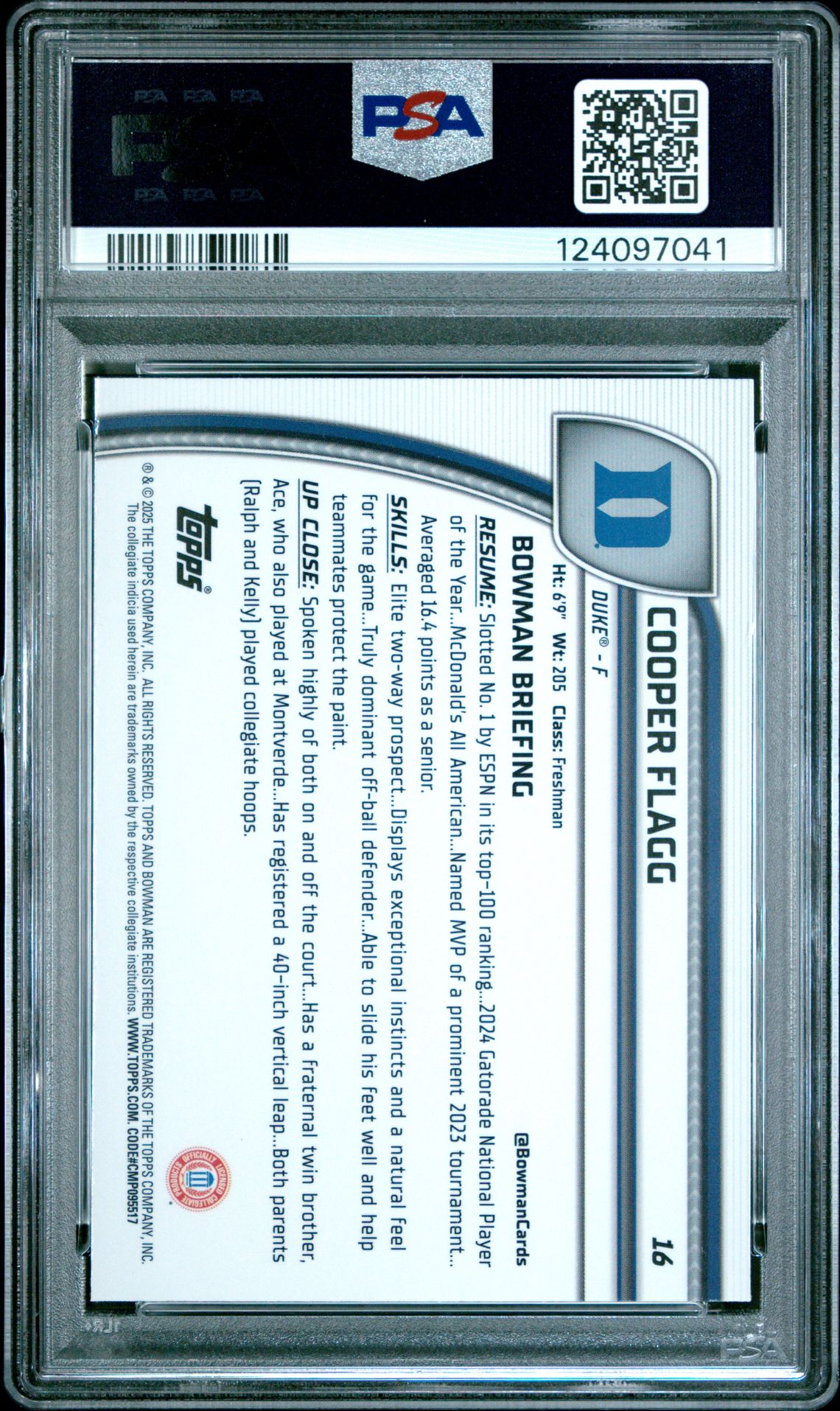 2024 Bowman Chrome University Cooper Flagg #16 (Purple Lava) Gem Mt 10 back