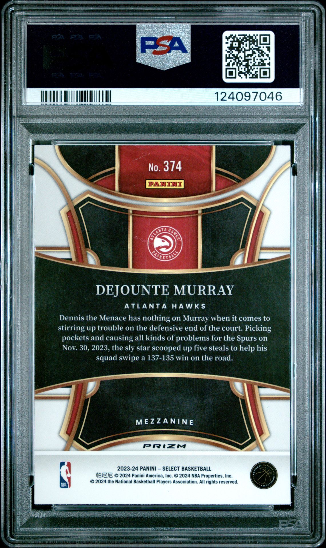 2023 Panini Select Dejounte Murray #374 (Zebra Prizm) Gem Mt 10 back