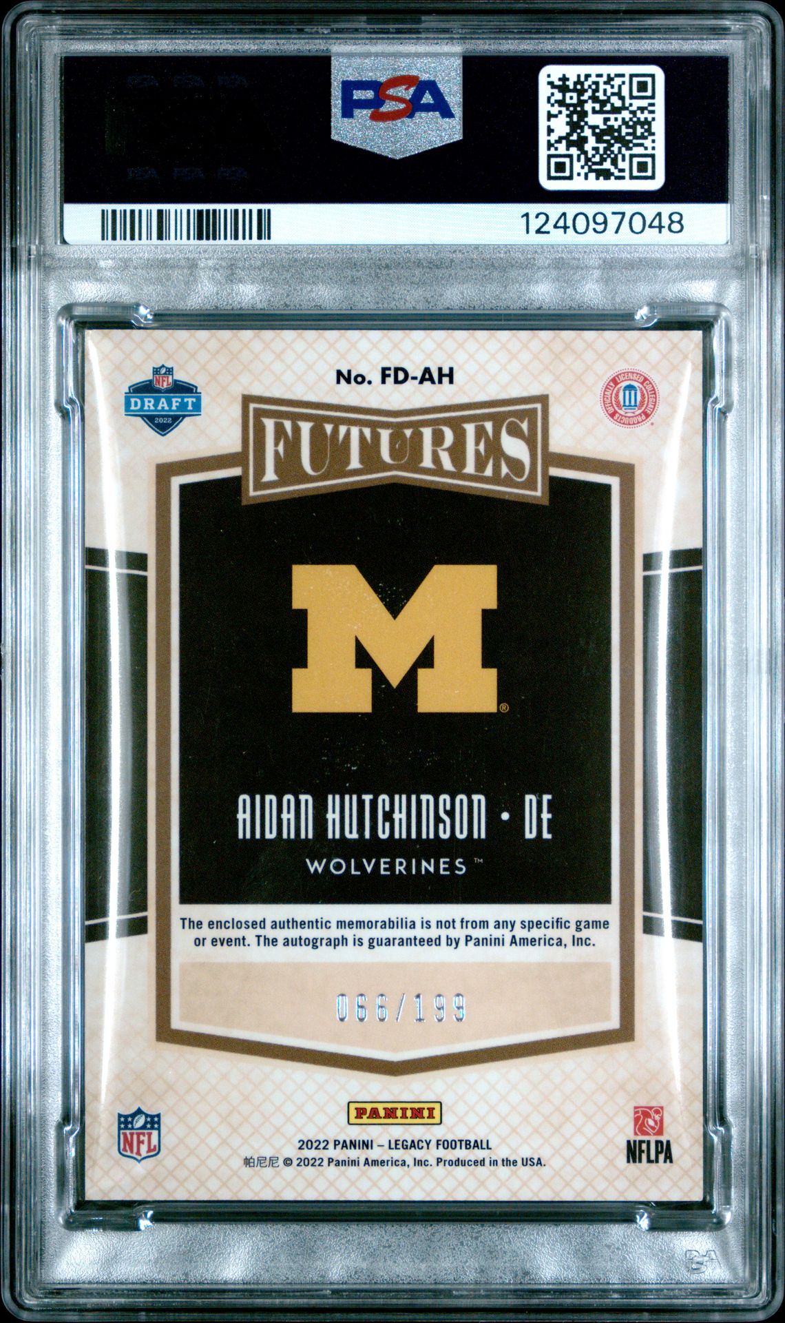2022 Panini Legacy Futures Dual Patch Autograph Aidan Hutchinson #Fdah (Futures Dual Patch Auto.) Mint 9 back