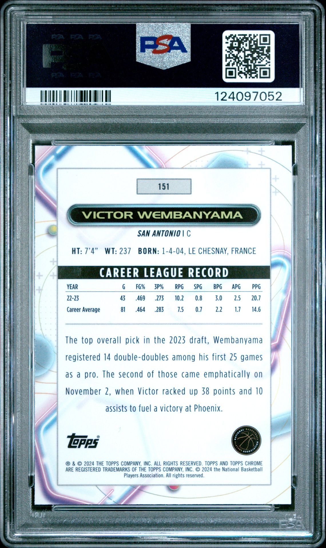 2023 Topps Cosmic Chrome Victor Wembanyama #151 Gem Mt 10 back